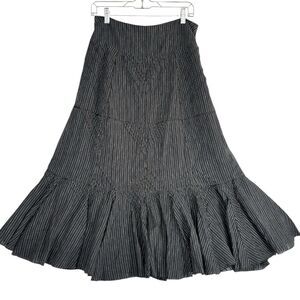 Prairie Skirt Linen Blend Black Stripe Tuck Design Details Women’s 10 Lined Maxi